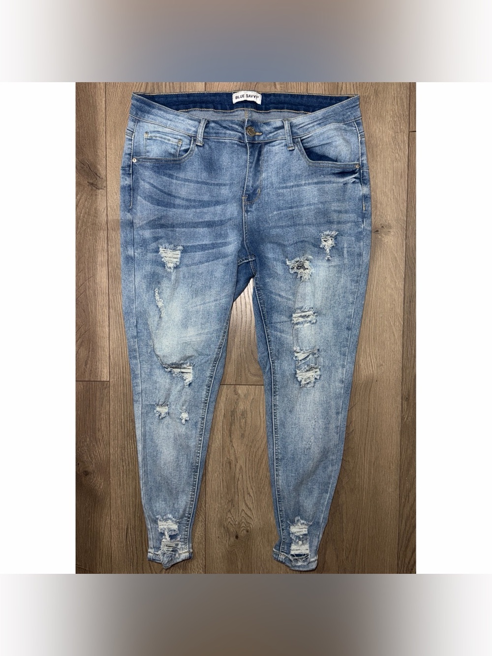 Pre-Owned Blue Savvy Jeans Distressed Denim Light Skinny Stretch Plus Size 14